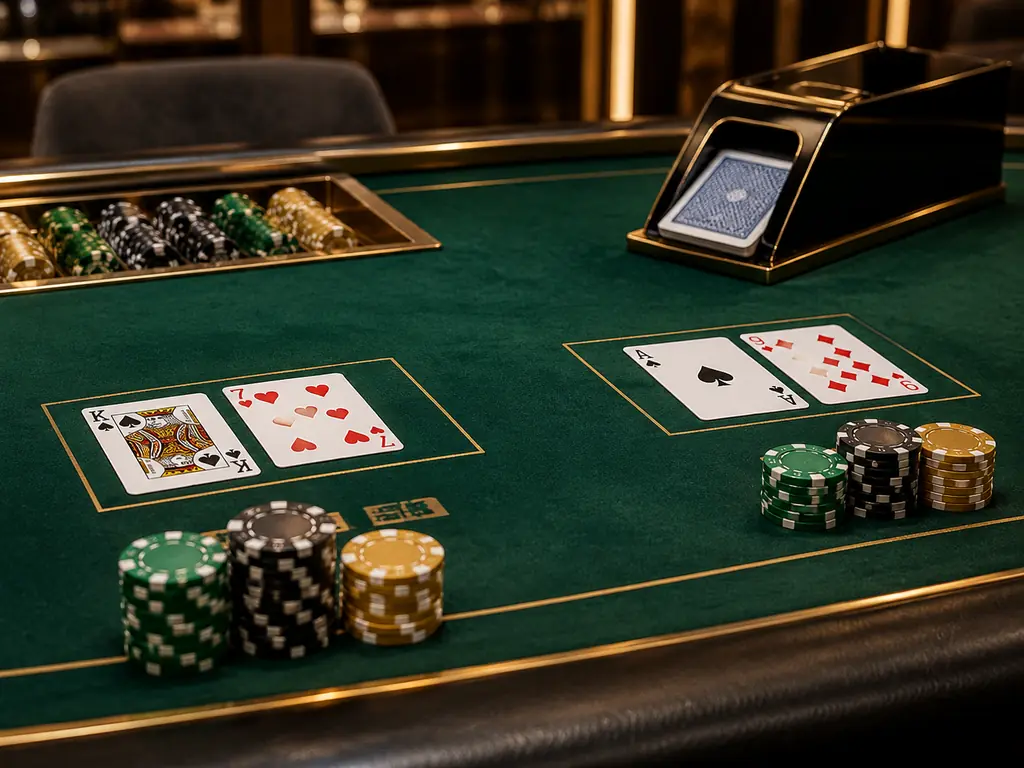 Meja baccarat dengan dua area kartu dan sepatu kartu