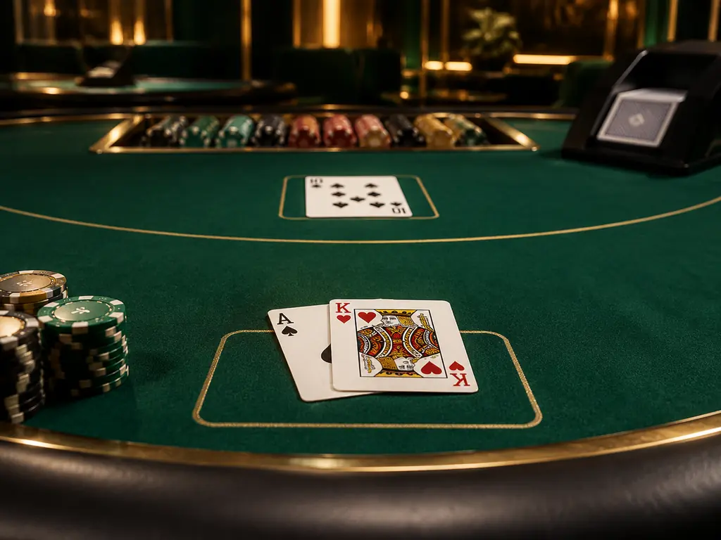 Meja blackjack dengan kartu dan keping pada kain giok