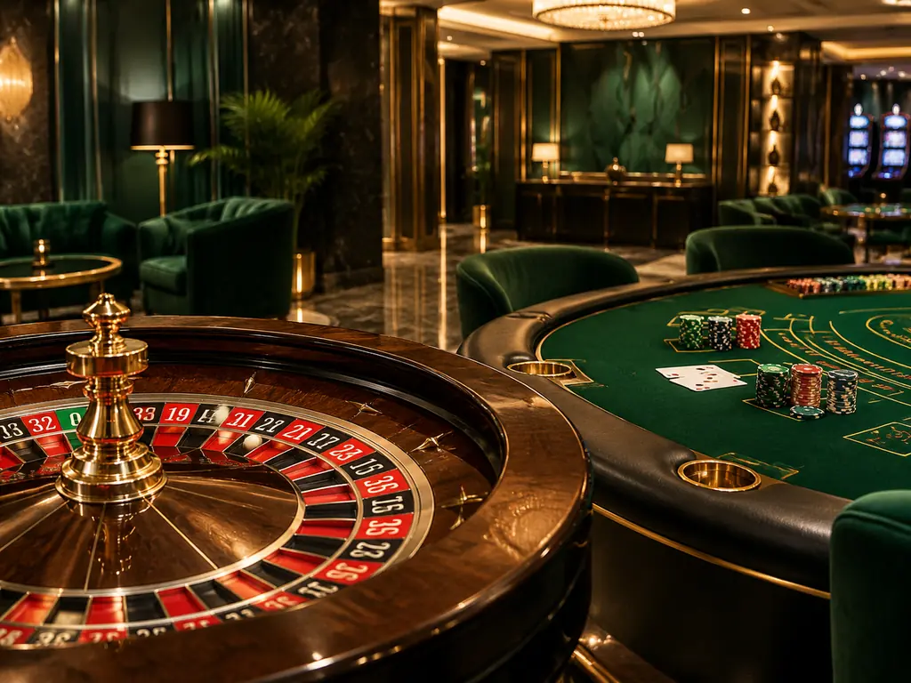 Interior kasino dengan meja roulette, kartu dan keping berwarna giok