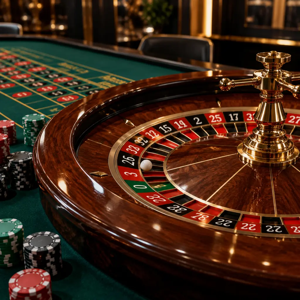 Roda roulette kayu dan bola putih di tepi meja